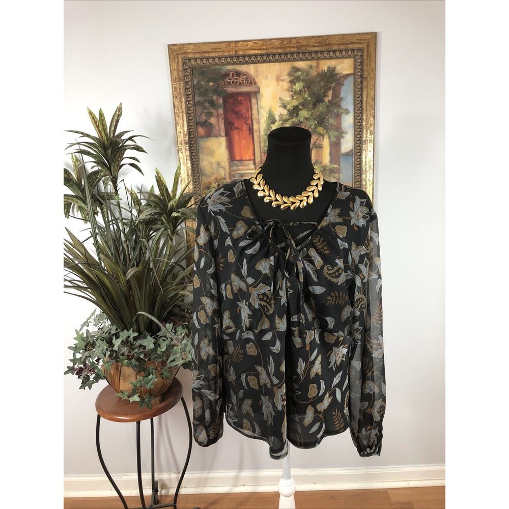 Worthington Plus 18 Sheer Floral Black Long Sleeve Blouse Tie Neck‎ Lightweight